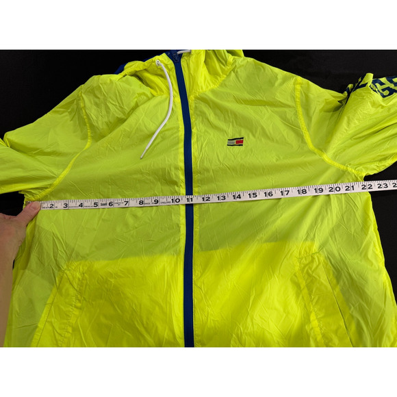 90s Tommy Hilfiger Mens Neon Green Yellow Hooded Windbreaker Jacket M Spell Out - Picture 7 of 13